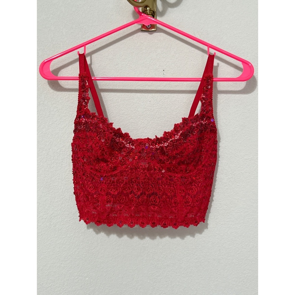 Bebe Beaded Bustier Top Women Small Red Lace Sequin Corset Underwire Camisole